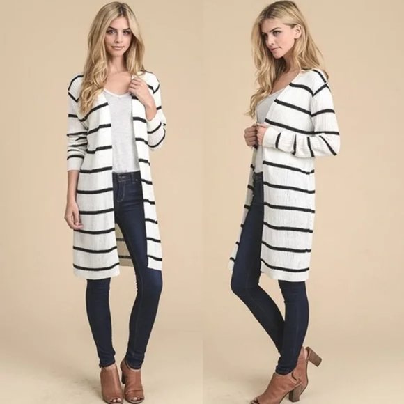 Doe & Rae Striped Knit Open Front Cardigan Sweater - Picture 1 of 11